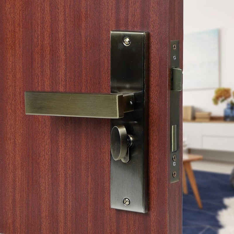 BlueSpace Premium 8" Cylindrical Plate Mortise Door Lock Handle Set/Mortise Lock with Brass Lock Body and One Side Key 60mm Brass Cylinder Set with 3 Brass Computer Keys (LB1007, Antique) - Image 1
