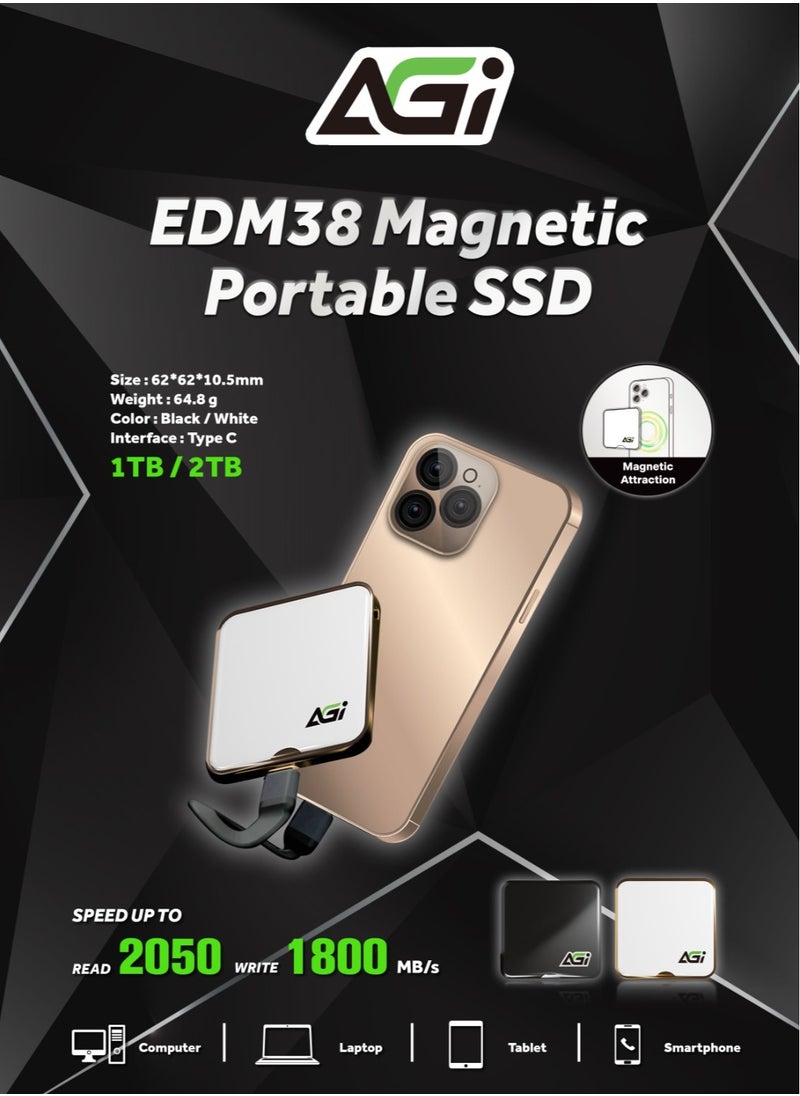 EDM38 2TB Magnetic Portable External SSD, USB 3.2 Gen2x2 with 20Gbps Speed, Read Speed of up to 2050MB/s, Compatible with Laptop, Notebook, PC, iPhone 15 Series - White