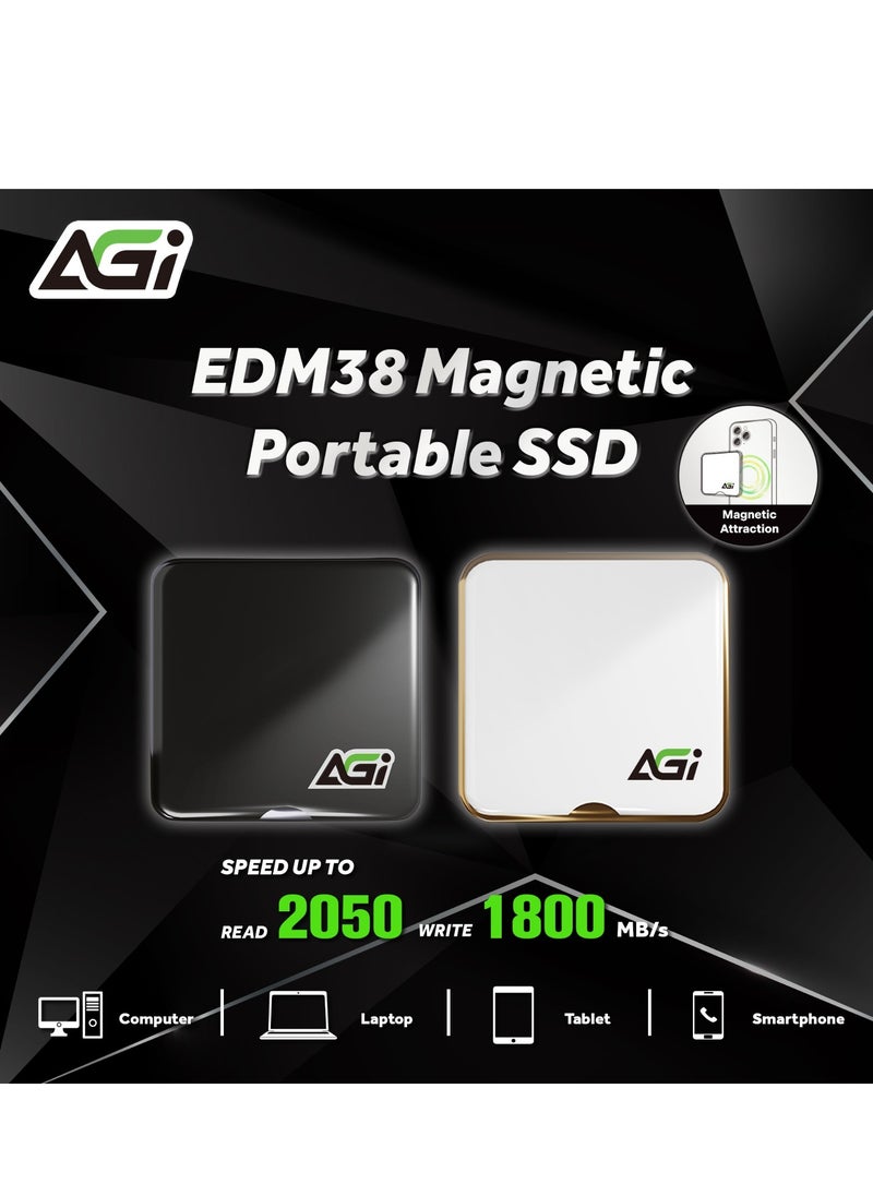 EDM38 2TB Magnetic Portable External SSD, USB 3.2 Gen2x2 with 20Gbps Speed, Read Speed of up to 2050MB/s, Compatible with Laptop, Notebook, PC, iPhone 15 Series - White