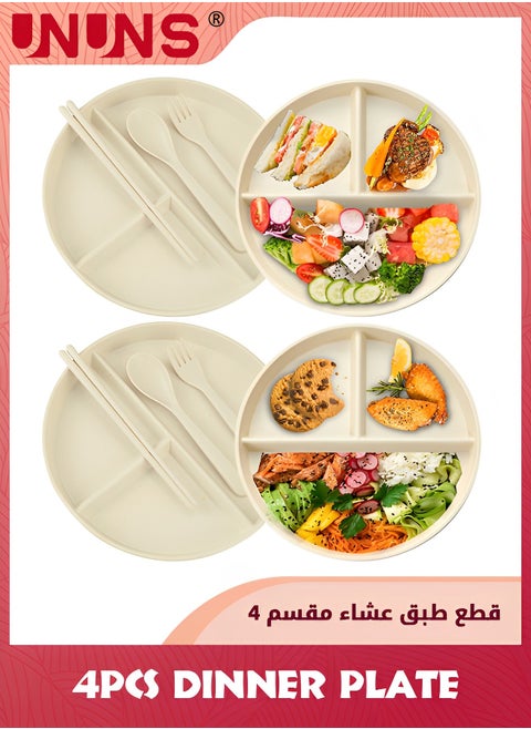 4-Piece Divided Plates,3 Compartments Divided Dinner Plate With Spoon,Fork And Chopsticks,Round Bariatric Portion Control Plate,Dishwasher Microwave Safe