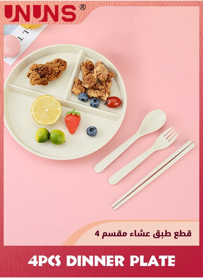 4-Piece Divided Plates,3 Compartments Divided Dinner Plate With Spoon,Fork And Chopsticks,Round Bariatric Portion Control Plate,Dishwasher Microwave Safe