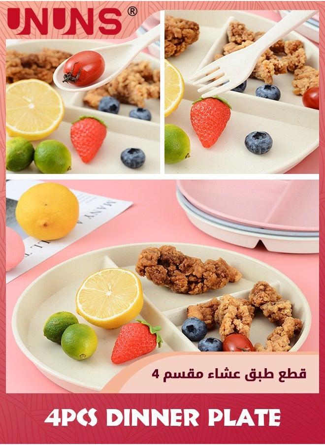 4-Piece Divided Plates,3 Compartments Divided Dinner Plate With Spoon,Fork And Chopsticks,Round Bariatric Portion Control Plate,Dishwasher Microwave Safe