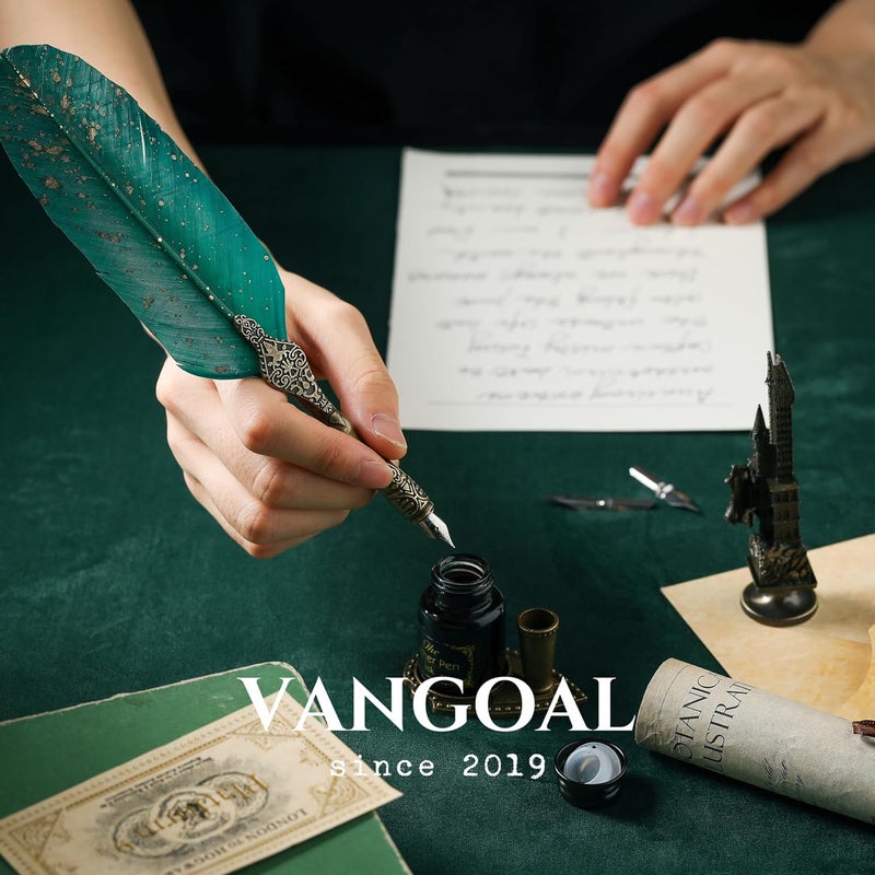 VANGOAL Vintage Green Feather Pen and Ink Set, Classic Series Goose Quill Pen with Carving Pen Stand, Calligraphy Pen Nibs, Black Dip Pen Ink, Antique Writing Gift for Writer - Image 5