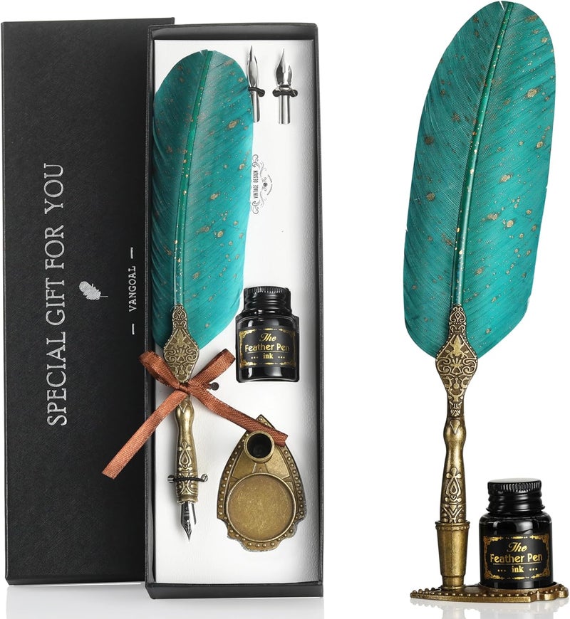 VANGOAL Vintage Green Feather Pen and Ink Set, Classic Series Goose Quill Pen with Carving Pen Stand, Calligraphy Pen Nibs, Black Dip Pen Ink, Antique Writing Gift for Writer - Image 1