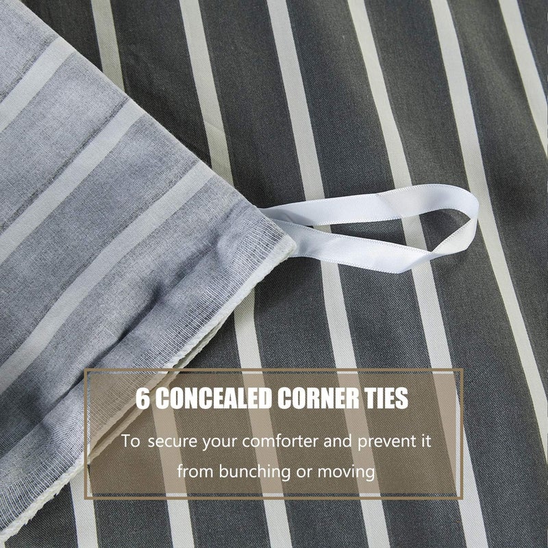 JELLYMONI 100% Natural Cotton 3pcs Striped Duvet Cover Sets, Dark Grey with White Stripes Pattern Printed Comforter Cover, with Zipper Closure & Corner Ties(Queen Size) - Image 5