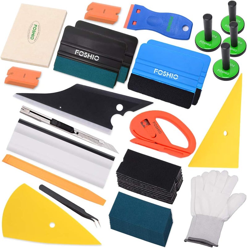 FOSHIO Pro Plus Car Vinyl Film Wrapping Application Full Set Kit include 4 Inch card Film Squeegees, Snitty Cutters, Razor Scrapers, Tweezers, Art Knife, Gloves, Magnet Graphic Vinyl Holders - Image 1