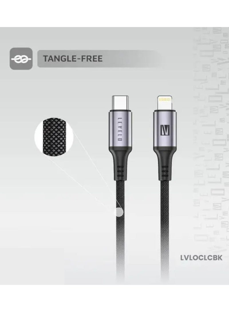 ليفيلو كابل Otto USB-C إلى Lightning 30W من الجلد، غير متشابك، شحن سريع، مقاوم للحرارة، طول الكابل 1.2 متر - أسود - Image 3