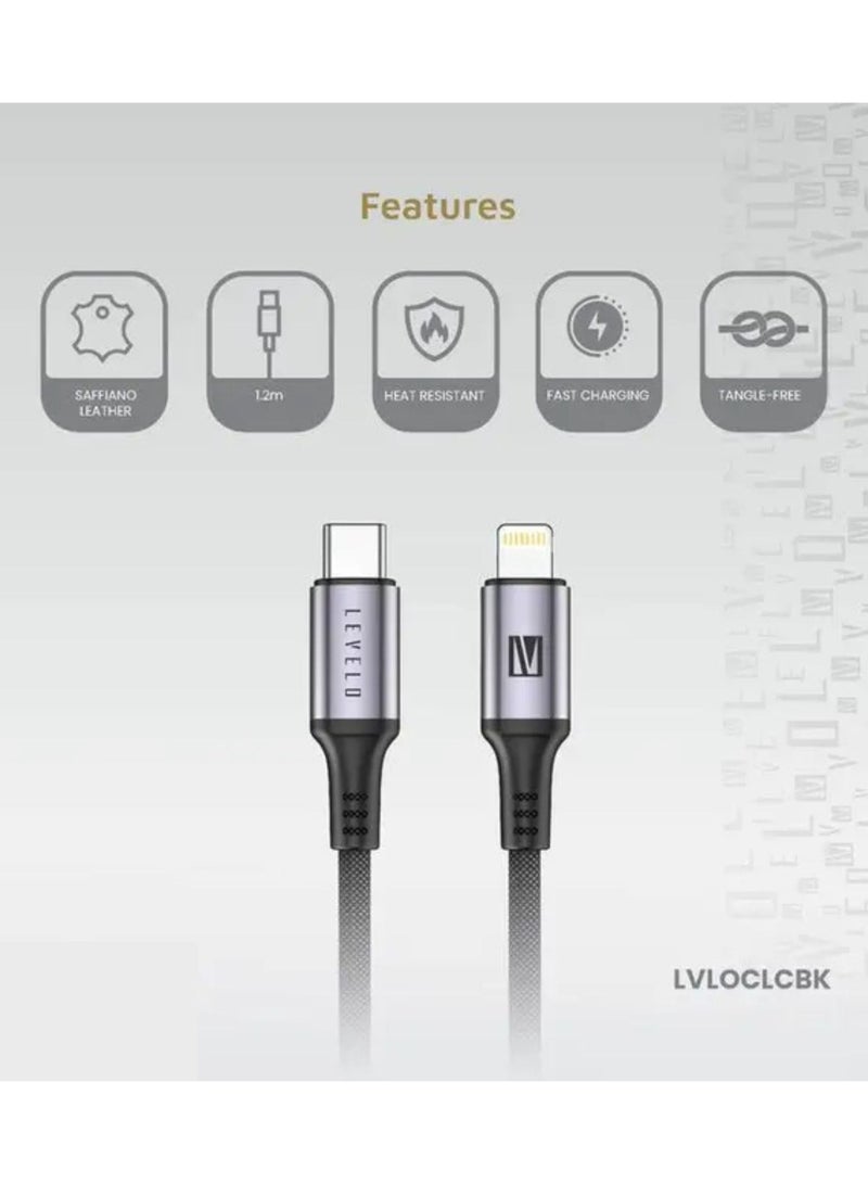 ليفيلو كابل Otto USB-C إلى Lightning 30W من الجلد، غير متشابك، شحن سريع، مقاوم للحرارة، طول الكابل 1.2 متر - أسود - Image 4