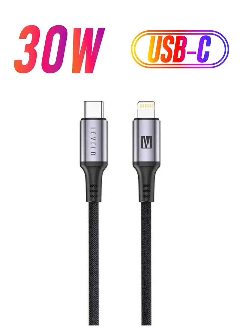 ليفيلو كابل Otto USB-C إلى Lightning 30W من الجلد، غير متشابك، شحن سريع، مقاوم للحرارة، طول الكابل 1.2 متر - أسود - Image 1