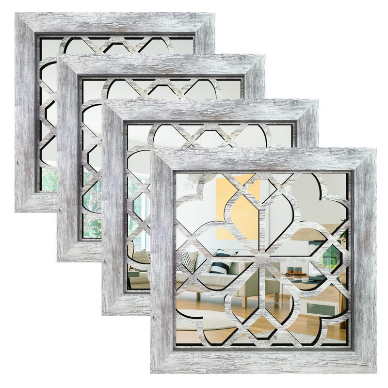 HMANGE Set of 4 Boho Wall Mirrors with Carved Floral Design, 12x12 Inch Rustic Farmhouse Accent Mirrors, Vintage Style Shatterproof Square Mirror Decor for Living Room, Bedroom(Grey) - Image 1
