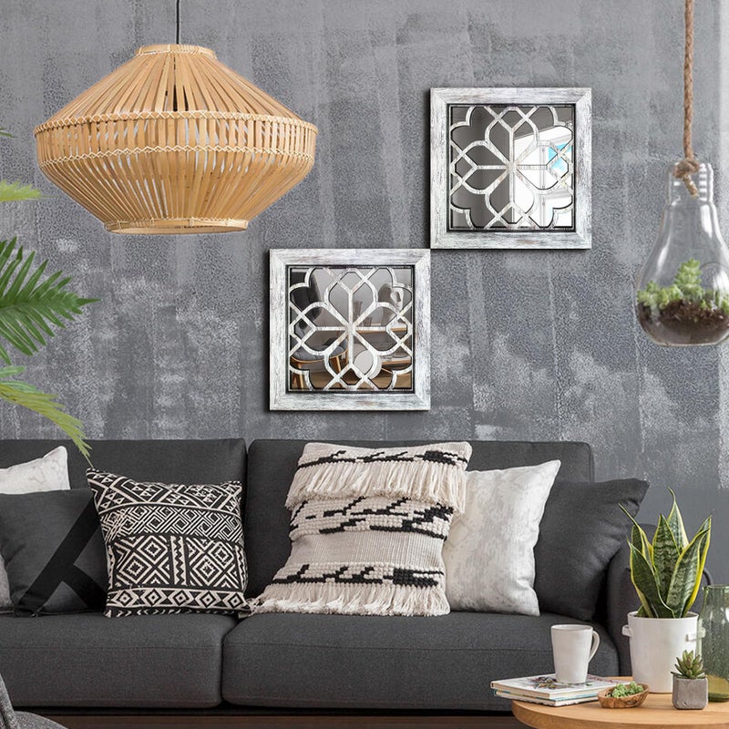 HMANGE Set of 4 Boho Wall Mirrors with Carved Floral Design, 12x12 Inch Rustic Farmhouse Accent Mirrors, Vintage Style Shatterproof Square Mirror Decor for Living Room, Bedroom(Grey) - Image 2