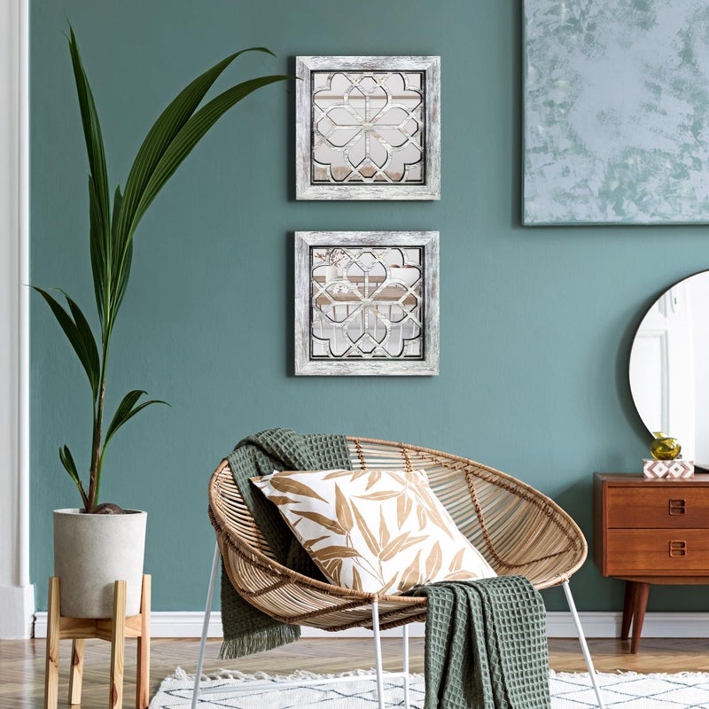 HMANGE Set of 4 Boho Wall Mirrors with Carved Floral Design, 12x12 Inch Rustic Farmhouse Accent Mirrors, Vintage Style Shatterproof Square Mirror Decor for Living Room, Bedroom(Grey) - Image 3