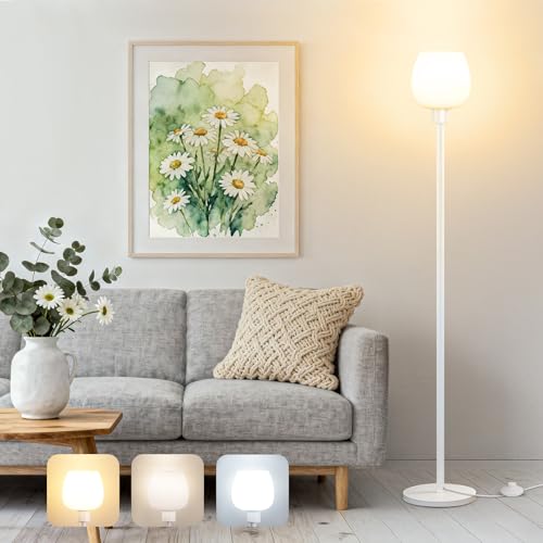 Bosceos 64.2'' White Floor Lamp, Modern Standing Lamp with Opal Glass shade, 3 Color Temperatures LED Bulb Included, Foot Pedal Switch, Tall Pole Standing Lamps for Living Room, Office, Bedroom, Home Decor - Image 1