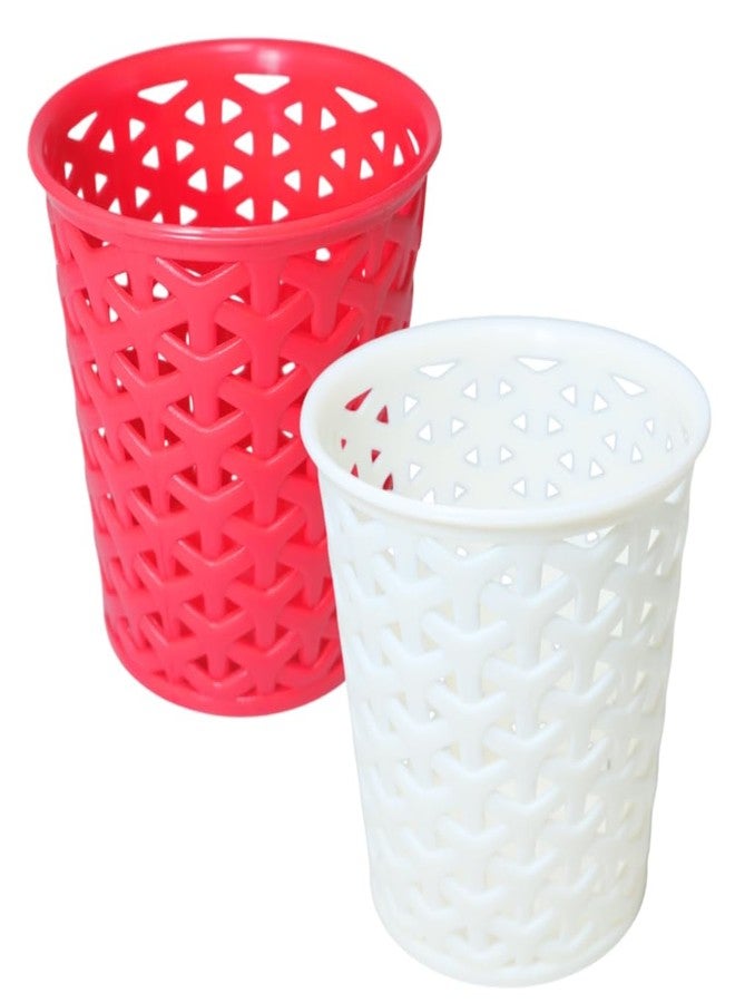MORVI Linea Big Round Plastic Multipurpose Organizer For Kitchen, Bathroom, Salon, Office|Stationery,Cutlery,Pen,Makeup Brushes Holder|Hanging Toothbrush Stand |Pack Of 2 | RED WHITE - Image 1