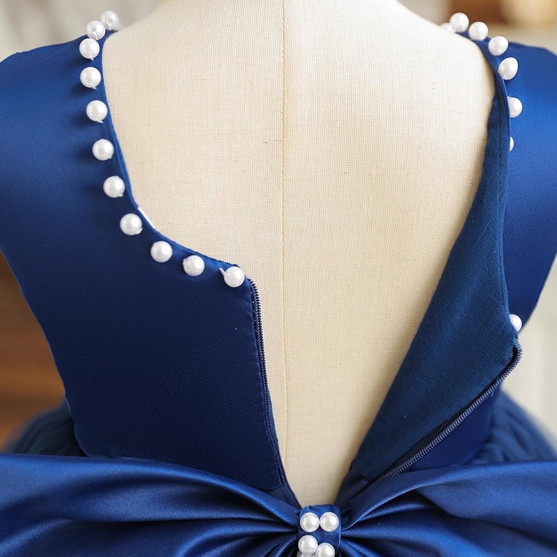 Nileafes Flower Girls Tutu Wedding Party Satin Dress Toddler Sleeveless Pearl Princess Pageant Ball Gown Size 6Y (6 Years, 072- Navy Blue) - Image 5