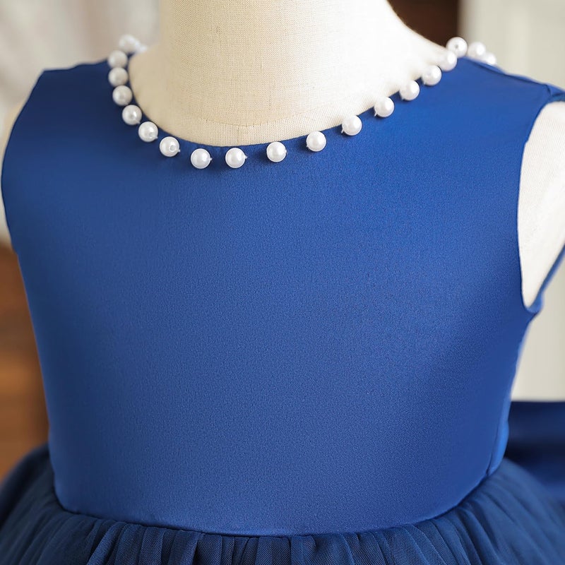 Nileafes Flower Girls Tutu Wedding Party Satin Dress Toddler Sleeveless Pearl Princess Pageant Ball Gown Size 6Y (6 Years, 072- Navy Blue) - Image 2