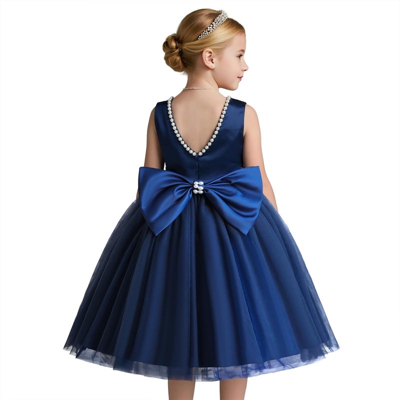 Nileafes Flower Girls Tutu Wedding Party Satin Dress Toddler Sleeveless Pearl Princess Pageant Ball Gown Size 6Y (6 Years, 072- Navy Blue) - Image 1