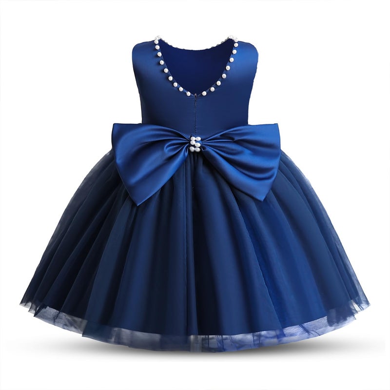 Nileafes Flower Girls Tutu Wedding Party Satin Dress Toddler Sleeveless Pearl Princess Pageant Ball Gown Size 6Y (6 Years, 072- Navy Blue) - Image 3