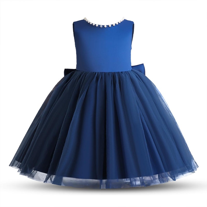 Nileafes Flower Girls Tutu Wedding Party Satin Dress Toddler Sleeveless Pearl Princess Pageant Ball Gown Size 6Y (6 Years, 072- Navy Blue) - Image 4