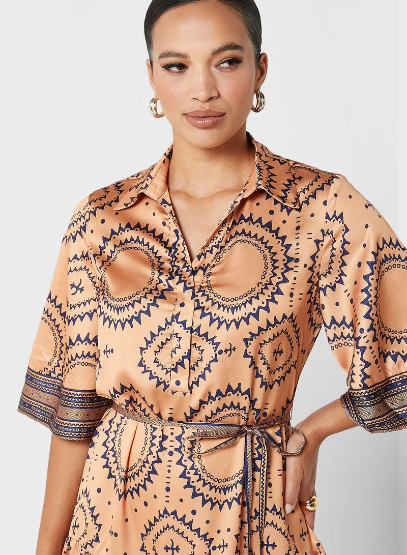 Femi9 Printed Tie Detail Belted Dress