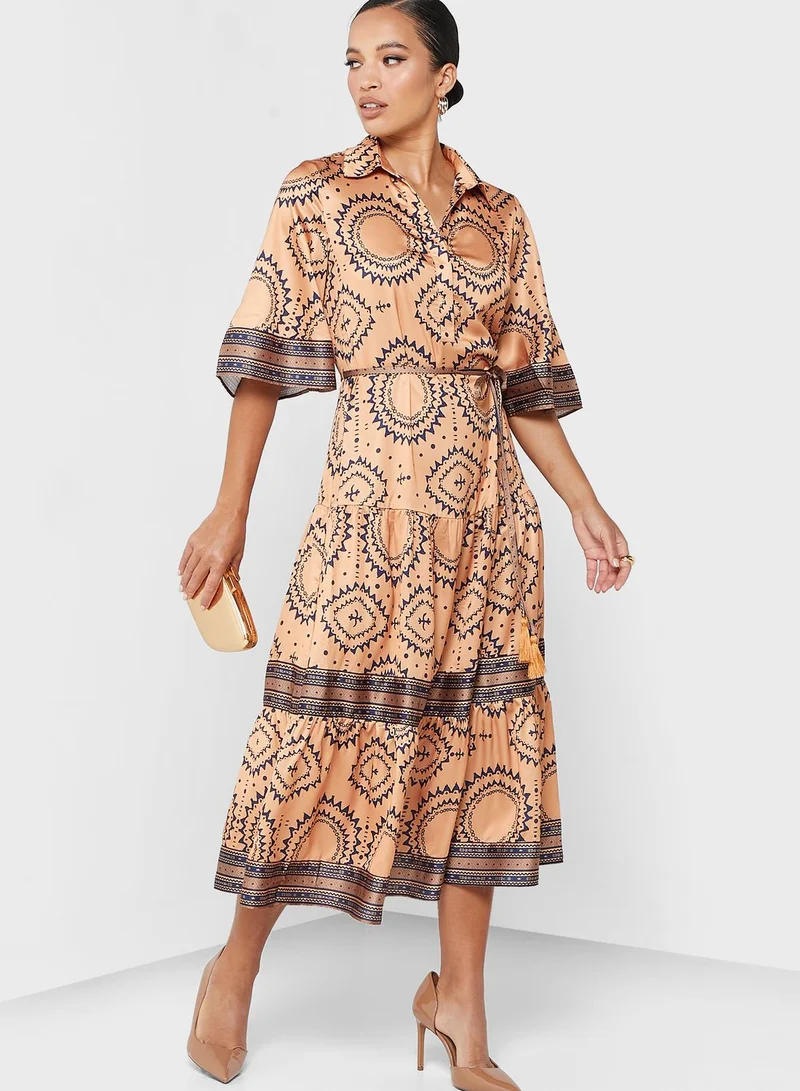 Femi9 Printed Tie Detail Belted Dress