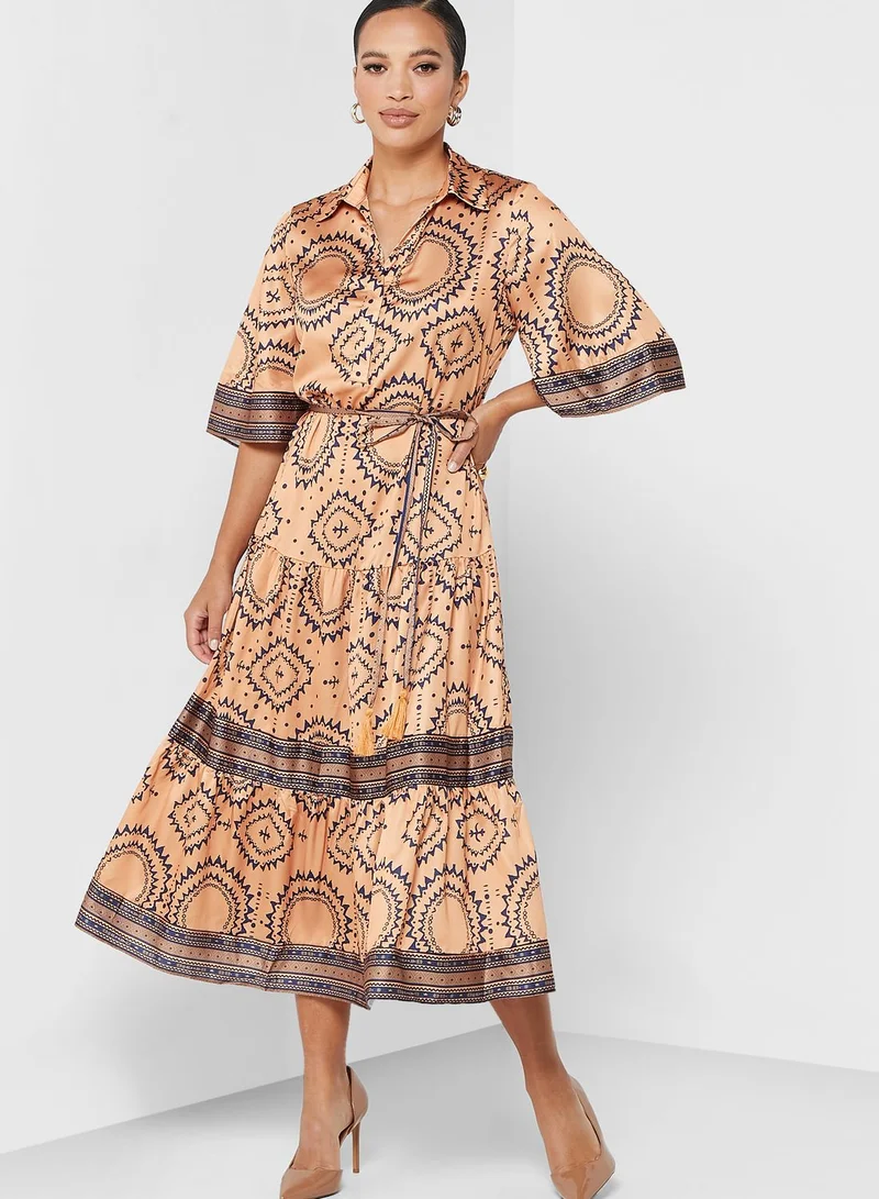 Femi9 Printed Tie Detail Belted Dress