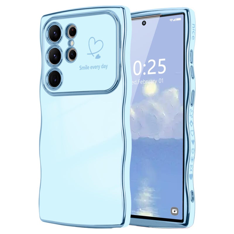 LCHULLE for Samsung Galaxy S25 Ultra Case for Women Girls, Cute Wave Frame Curly Shape with Love Heart Camera Protection Cover Luxury Plating Shockproof Phone Case for Galaxy S25 Ultra 5G, Baby Blue - Image 1