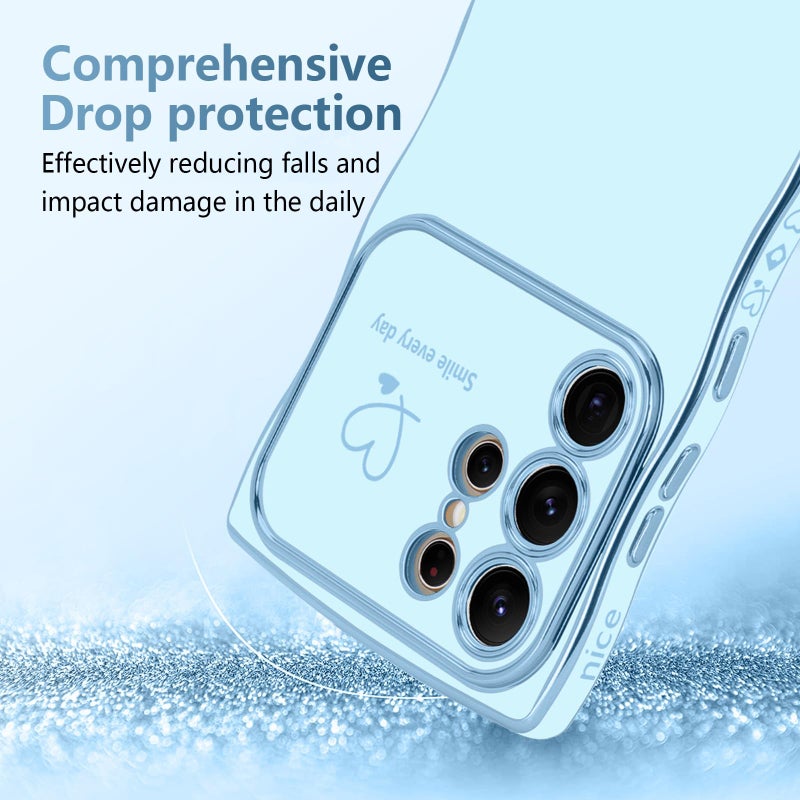LCHULLE for Samsung Galaxy S25 Ultra Case for Women Girls, Cute Wave Frame Curly Shape with Love Heart Camera Protection Cover Luxury Plating Shockproof Phone Case for Galaxy S25 Ultra 5G, Baby Blue - Image 3