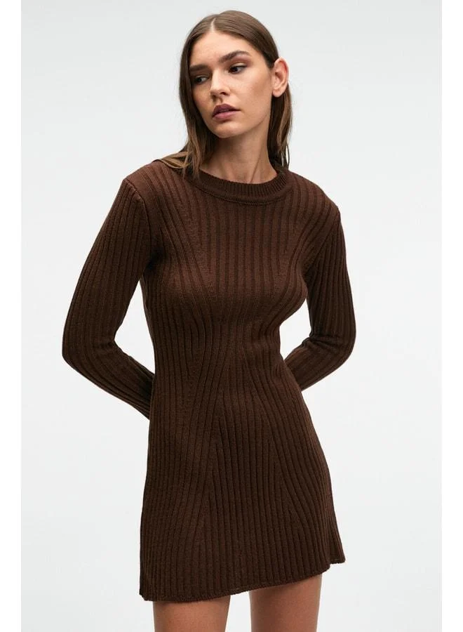 ENCANTO Women's Round Neck Stripe Pattern Slim Fit Brown Dress.