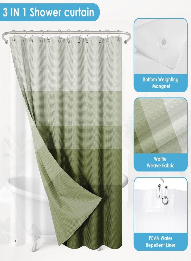 Nesphy Shower Curtain and Liner, Sage Green Ombre Striped 3 in 1 Shower Curtain and PEVA Liner Set with 12 Rust-Resistant Metal Hooks, Waterproof Fabric Shower Curtains for Bathroom, 72 W x 72 H - Image 5