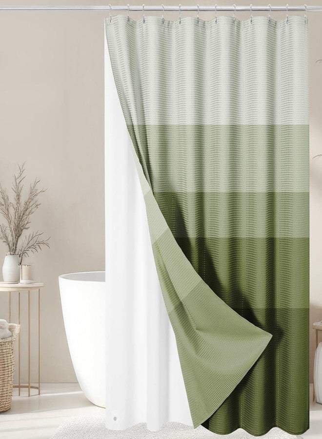 Nesphy Shower Curtain and Liner, Sage Green Ombre Striped 3 in 1 Shower Curtain and PEVA Liner Set with 12 Rust-Resistant Metal Hooks, Waterproof Fabric Shower Curtains for Bathroom, 72 W x 72 H - Image 1