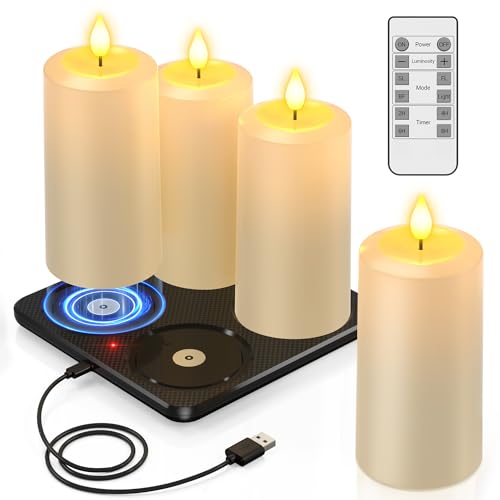 PChero Rechargeable Flameless Candles with Remote Magnetic Charging Base Outdoor Waterproof Battery Operated Pillar Candles 4 Pack LED Fake Candles Long Lasting 276 D x 512 H - Image 1