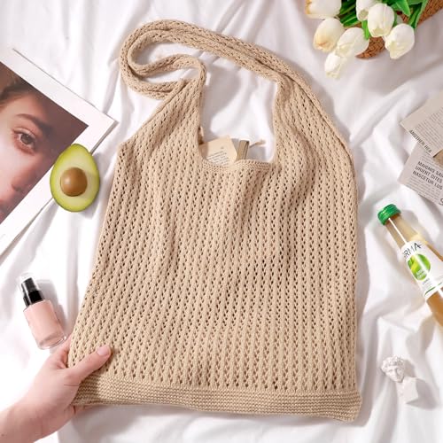 EIMMBD Crochet Bags for Women Beach Totes Bags Aesthetic Summer Tote Shoulder Hippie Bag Knit Bag(Khaki) - Image 2