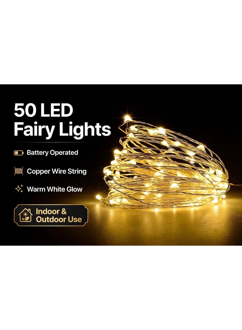 Fairy Lights, 50 LED Battery Operated String Lights Copper Wire Light for Indoor Outdoor Lighting, Bedroom, Wedding Decor, Party, Christmas, Tree Decoration(5M/16ft,Warm White) - Image 1