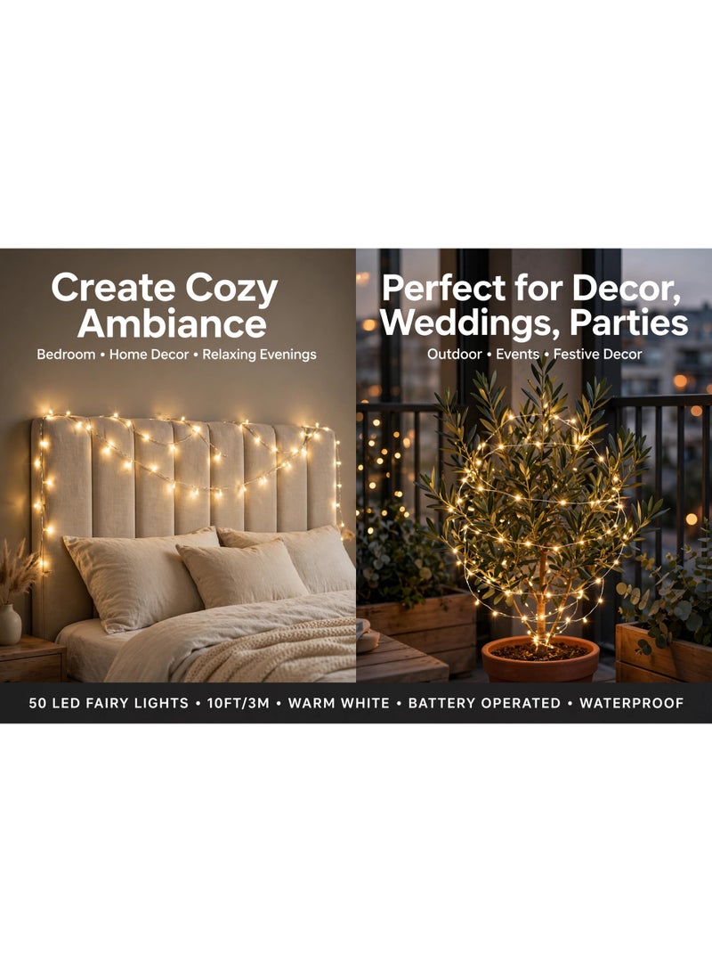 Fairy Lights, 50 LED Battery Operated String Lights Copper Wire Light for Indoor Outdoor Lighting, Bedroom, Wedding Decor, Party, Christmas, Tree Decoration(5M/16ft,Warm White) - Image 3