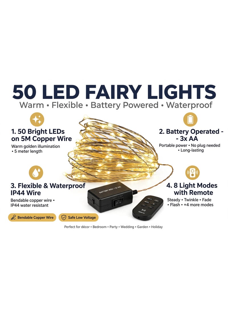 Fairy Lights, 50 LED Battery Operated String Lights Copper Wire Light for Indoor Outdoor Lighting, Bedroom, Wedding Decor, Party, Christmas, Tree Decoration(5M/16ft,Warm White) - Image 4