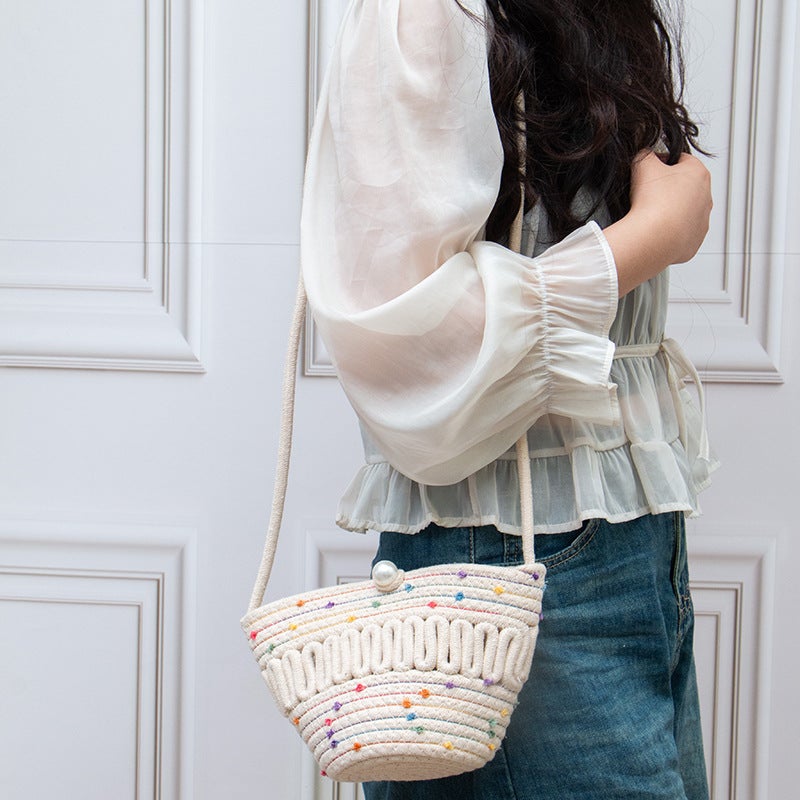 Pearl Cotton Thread Bag Women'S Pearl Straw Bag Beach Vacation Shoulder Bag Crossbody Small Bag - Image 5