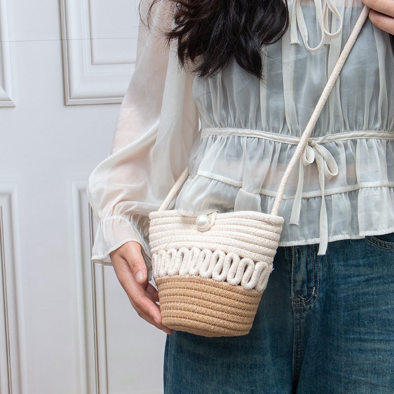 Pearl Cotton Thread Bag Women'S Pearl Straw Bag Beach Vacation Shoulder Bag Crossbody Small Bag - Image 3