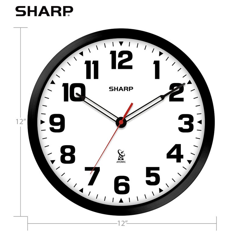 Sharp Atomic Analog Wall Clock - 12" Black Stylish Frame - Sets Automatically- Battery Operated - Easy to Read - Easy to Use â€“ Modern Design and Style - Image 4