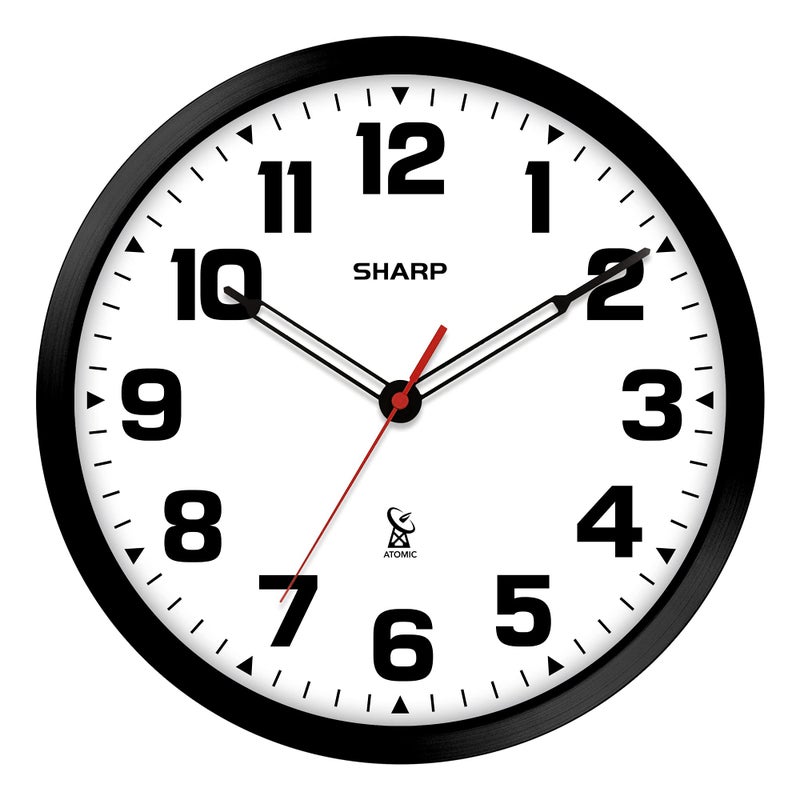 Sharp Atomic Analog Wall Clock - 12" Black Stylish Frame - Sets Automatically- Battery Operated - Easy to Read - Easy to Use â€“ Modern Design and Style - Image 1