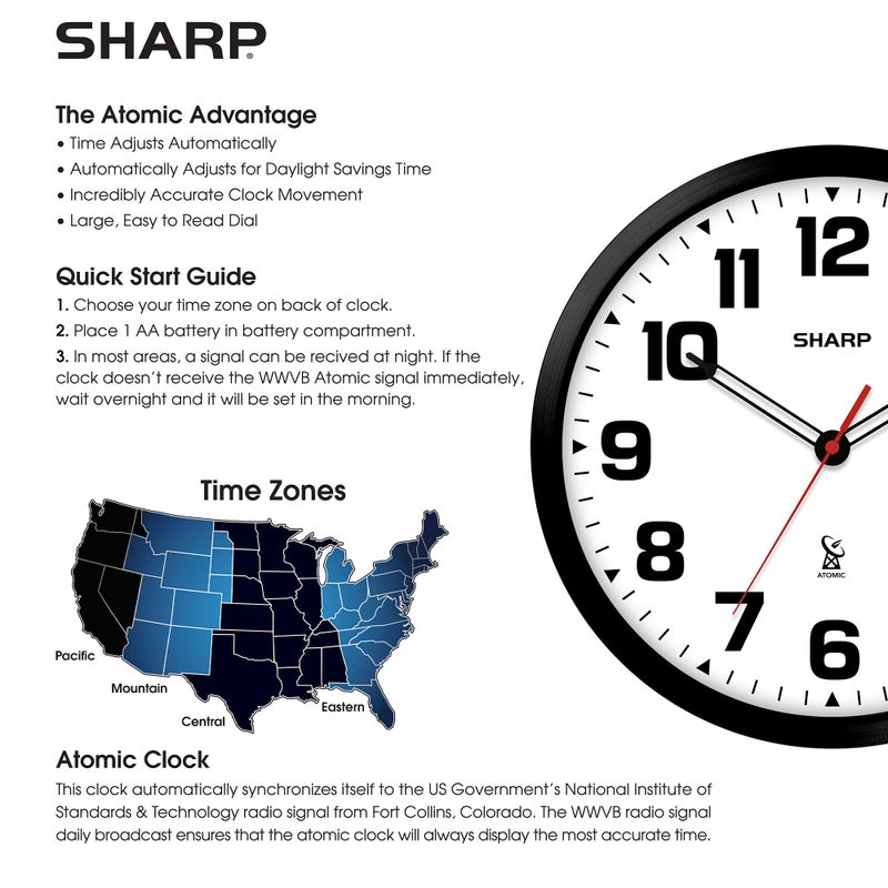 Sharp Atomic Analog Wall Clock - 12" Black Stylish Frame - Sets Automatically- Battery Operated - Easy to Read - Easy to Use â€“ Modern Design and Style - Image 5