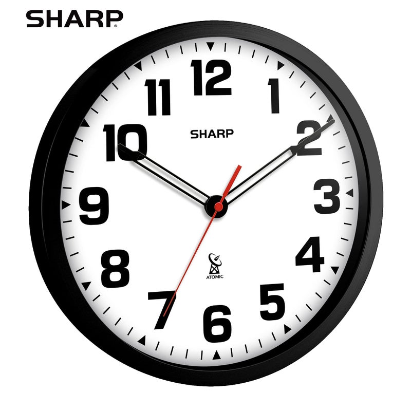 Sharp Atomic Analog Wall Clock - 12" Black Stylish Frame - Sets Automatically- Battery Operated - Easy to Read - Easy to Use â€“ Modern Design and Style - Image 2