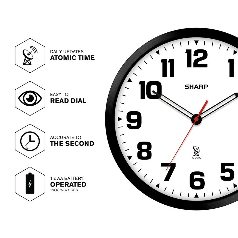 Sharp Atomic Analog Wall Clock - 12" Black Stylish Frame - Sets Automatically- Battery Operated - Easy to Read - Easy to Use â€“ Modern Design and Style - Image 3