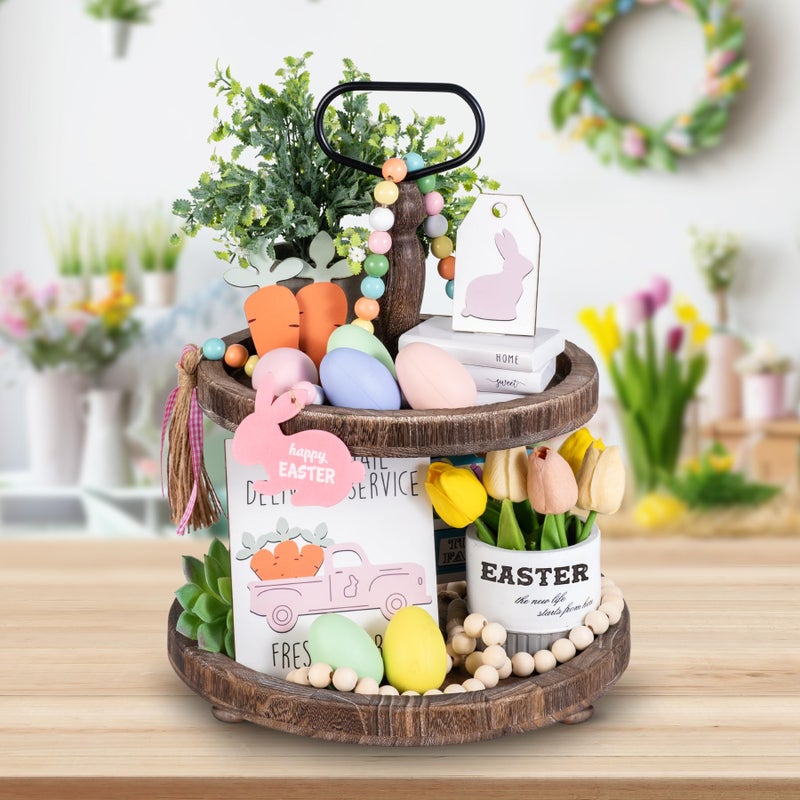 Mustry Rustic Wooden 2 Tiered Tray, Round Farmhouse Kitchen Table Decor Serving Tier Tray, Food Fruits Cupcake Display Coffee Bar Home Party Seasonal Decorations (Brown) - Image 2