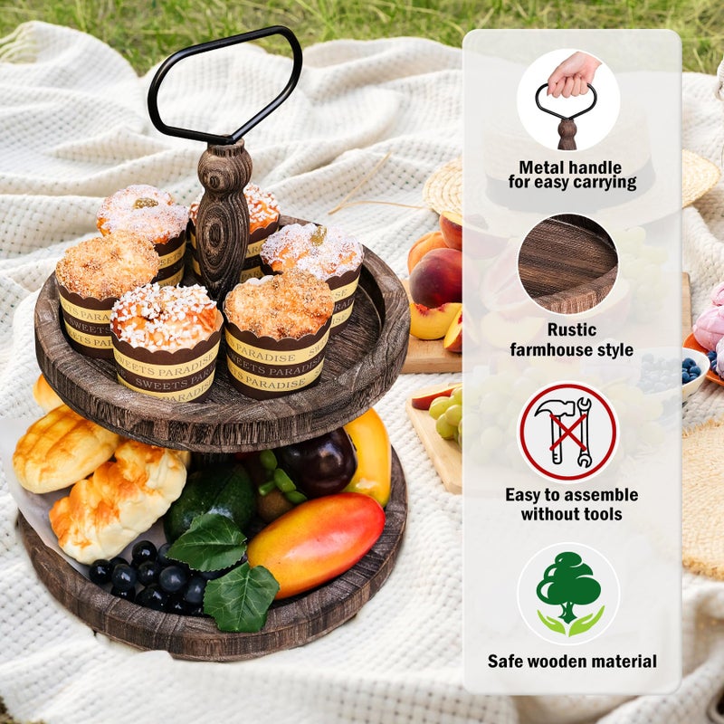 Mustry Rustic Wooden 2 Tiered Tray, Round Farmhouse Kitchen Table Decor Serving Tier Tray, Food Fruits Cupcake Display Coffee Bar Home Party Seasonal Decorations (Brown) - Image 4