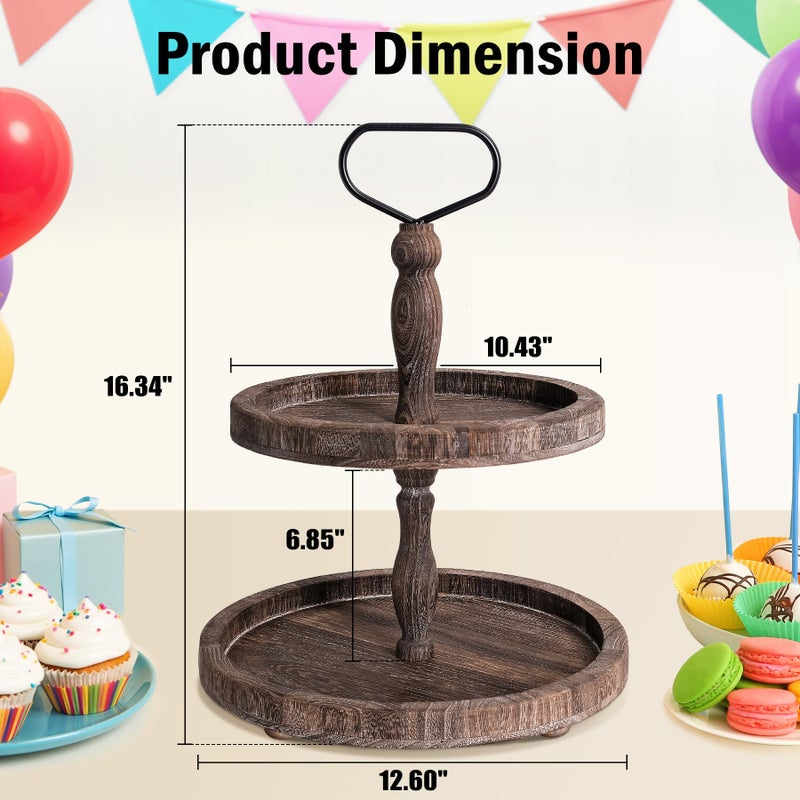 Mustry Rustic Wooden 2 Tiered Tray, Round Farmhouse Kitchen Table Decor Serving Tier Tray, Food Fruits Cupcake Display Coffee Bar Home Party Seasonal Decorations (Brown) - Image 5