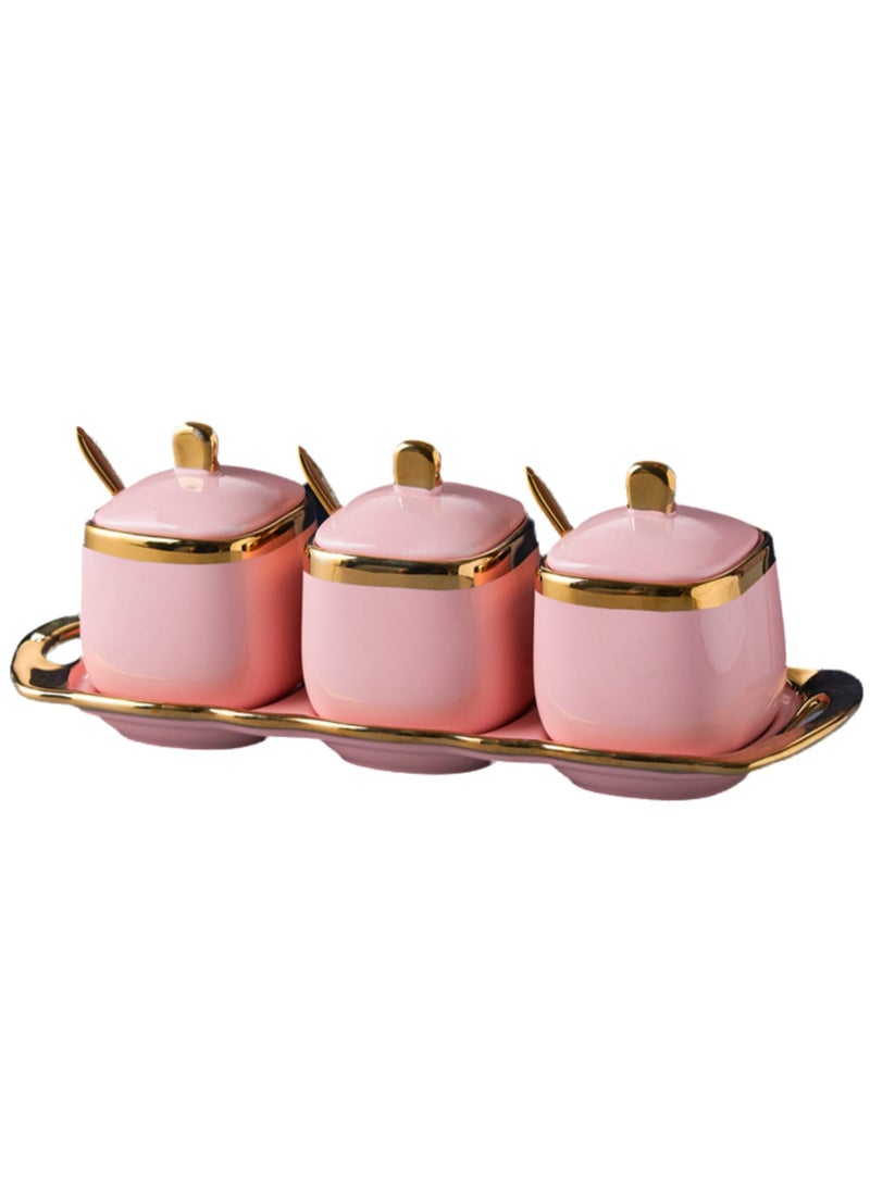 Light Luxury Golden Frame Ceramic Spice Jar Kitchen Supplies Spice Jar set Household Spice Box Three-piece Set(Pink)  - Image 1