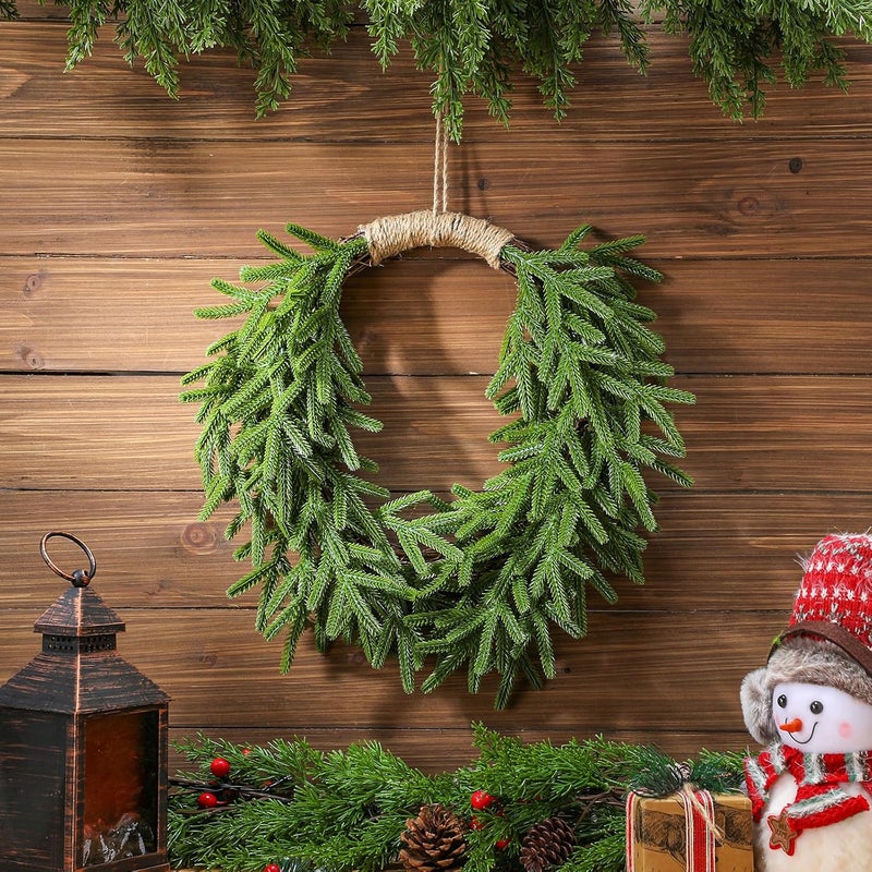 Dingion Norfolk Pine Christmas Wreath for Front Door 11.8 in Christmas Kitchen Cabinet Norfolk Pine Wreath Mini Artificial Farmhouse Rustic Xmas Decor for Window Fireplace Wall Decor - Image 3