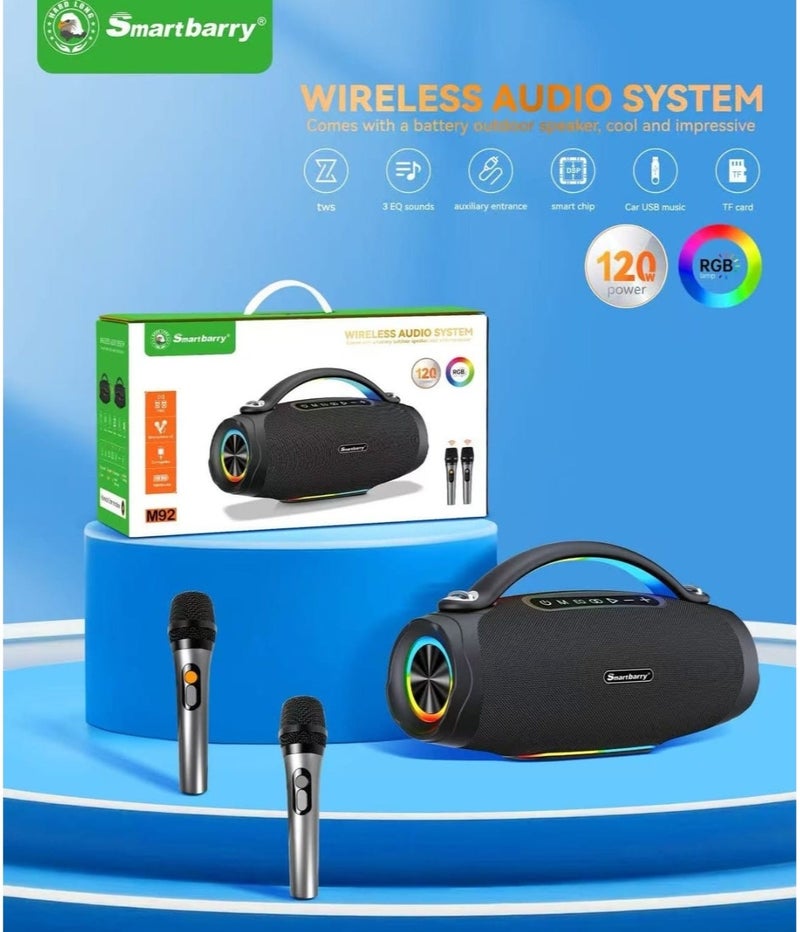 سمارت باري مكبر صوت كاريوكي لاسلكي Smartberry M92 – ميكروفونان، أضواء LED ملونة RGB، مكبر صوت بلوتوث محمول للحفلات المنزلية والخارجية - Image 1