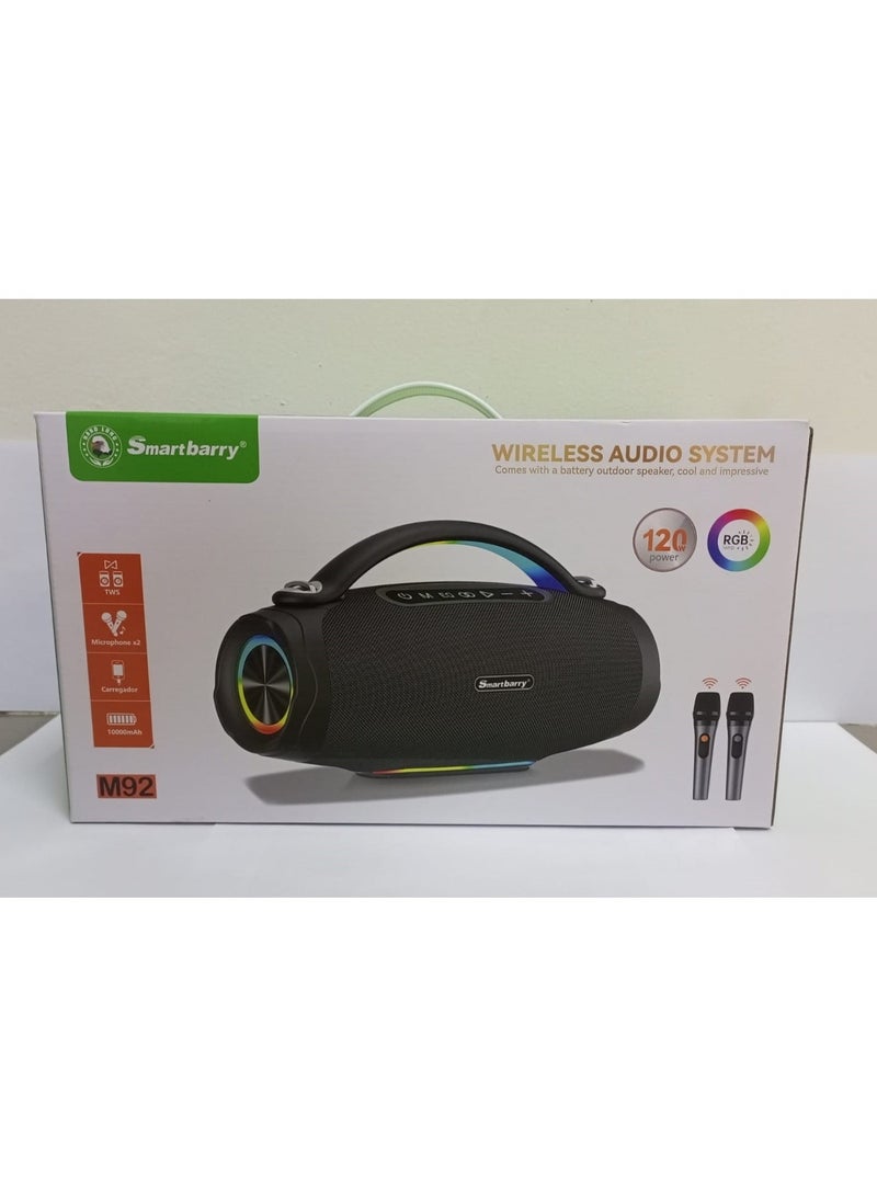 سمارت باري مكبر صوت كاريوكي لاسلكي Smartberry M92 – ميكروفونان، أضواء LED ملونة RGB، مكبر صوت بلوتوث محمول للحفلات المنزلية والخارجية - Image 3